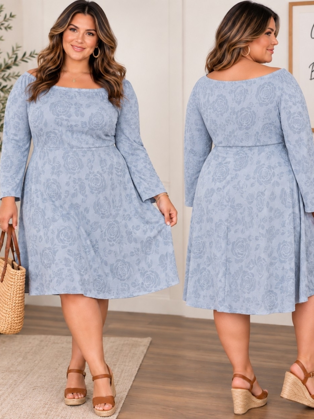 2X Dusty Blue Flocked Rose Dress Contemporary Romantic Soft Girl
